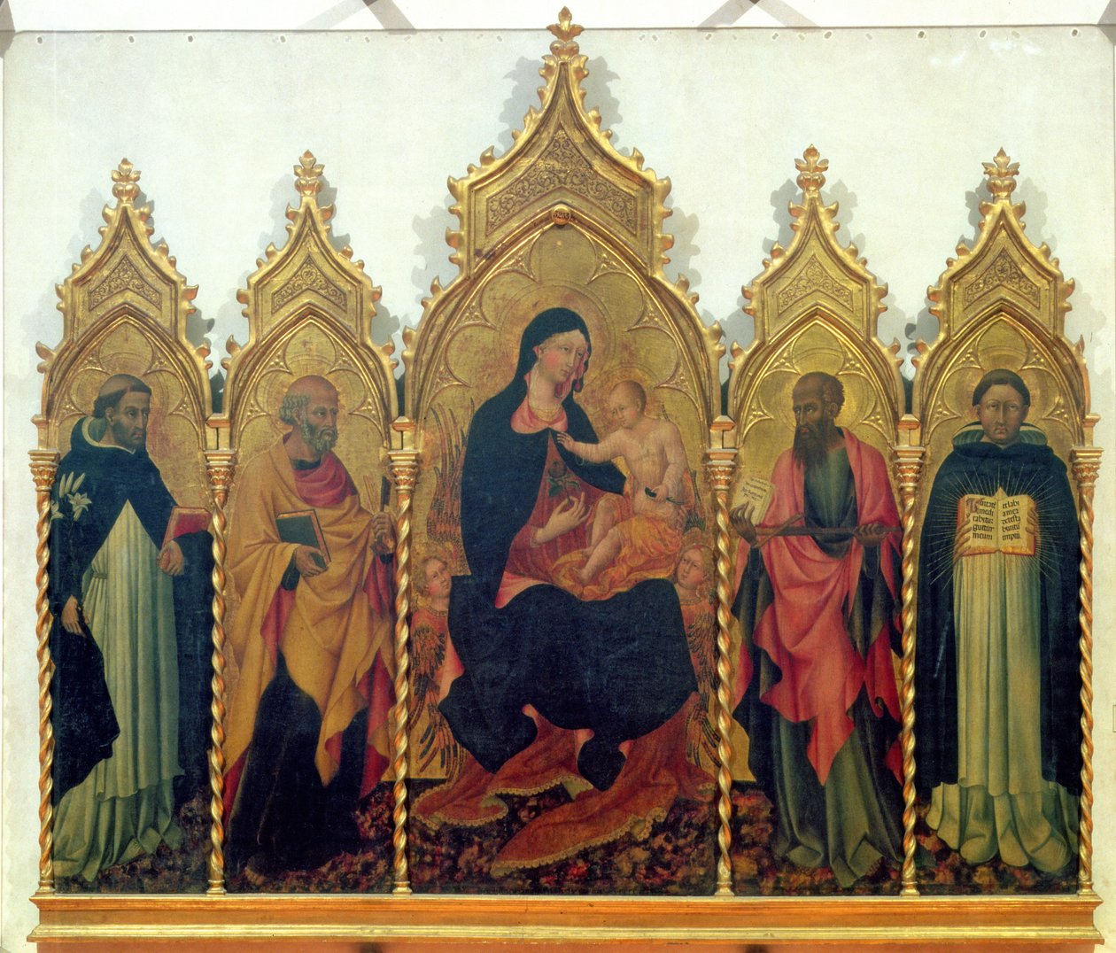 Madonna e criança com SS. Dominic, Peter, Paul e Tomás de Aquino, retábulo, 1445 (têmpera no painel) de Giovanni di Paolo