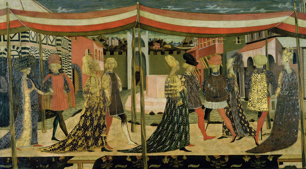 Painel central da Adimari Cassone, temperado c.1450 no detalhe do painel de 254001 de Giovanni di Ser Giovanni