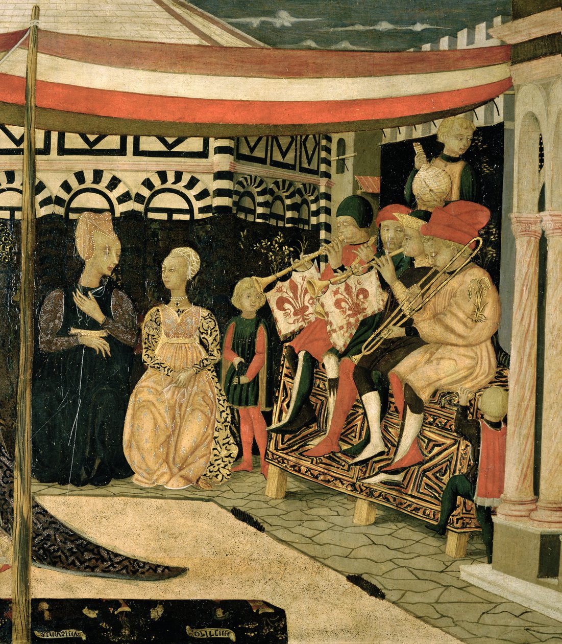 Painel esquerdo do Adimari Cassone, temperado c.1450 no detalhe do painel de 254001 de Giovanni di Ser Giovanni