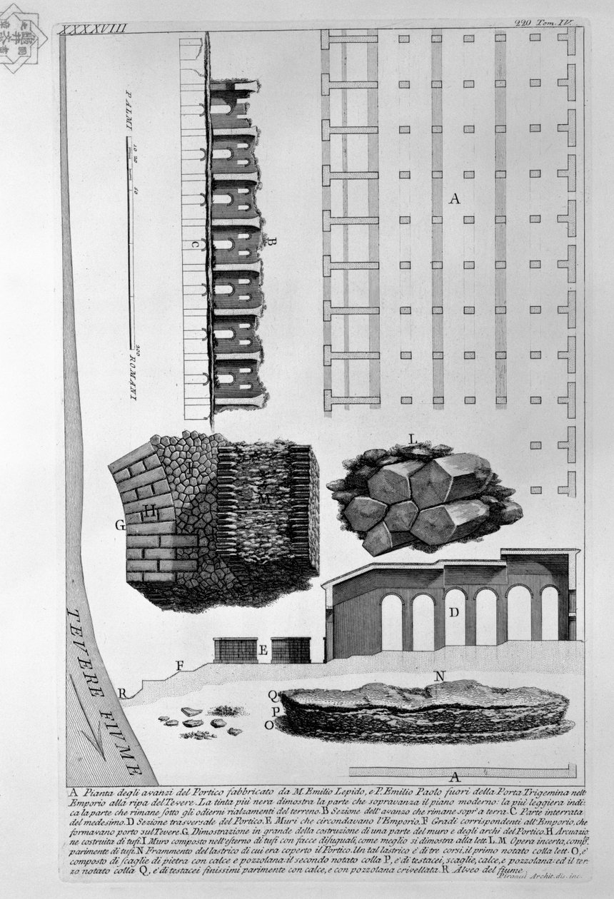 Demonstração dos restos do pórtico construído por M. Emilio Lepido e P. Emilio Paolo fora da Porta Trigemina no Empório na margem do rio Tibre de Giovanni Battista Piranesi