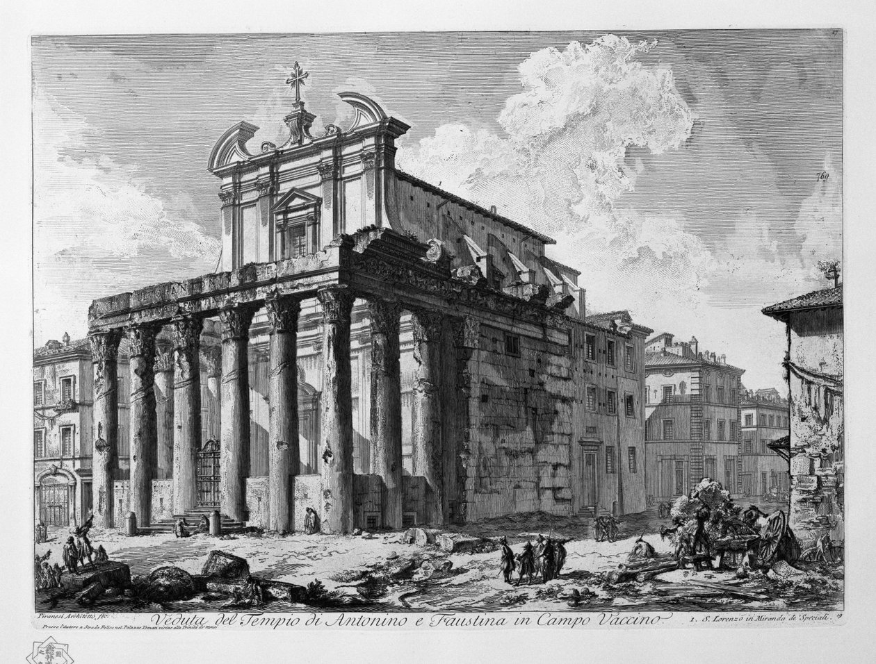 Vista, de, a, templo, de, Antoninus, e, Faustina, em, campo, Vaccino de Giovanni Battista Piranesi