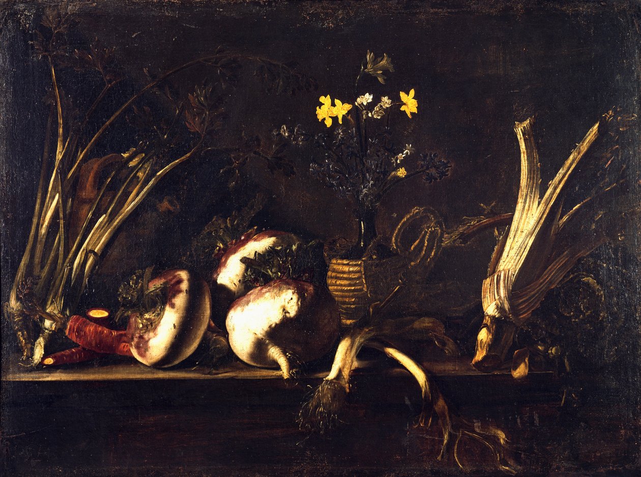Natureza morta com vegetais, por Giovan Battista Ruoppolo (1629-1693) de Giovanni Battista Ruoppolo or Ruopolo
