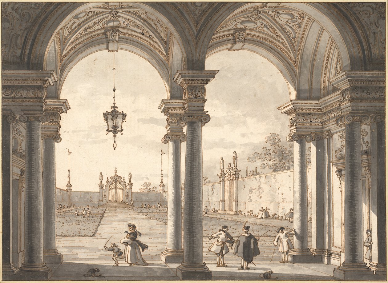 Vista através de uma colunata barroca em um jardim, 1760-1768 de Giovanni Antonio Canal