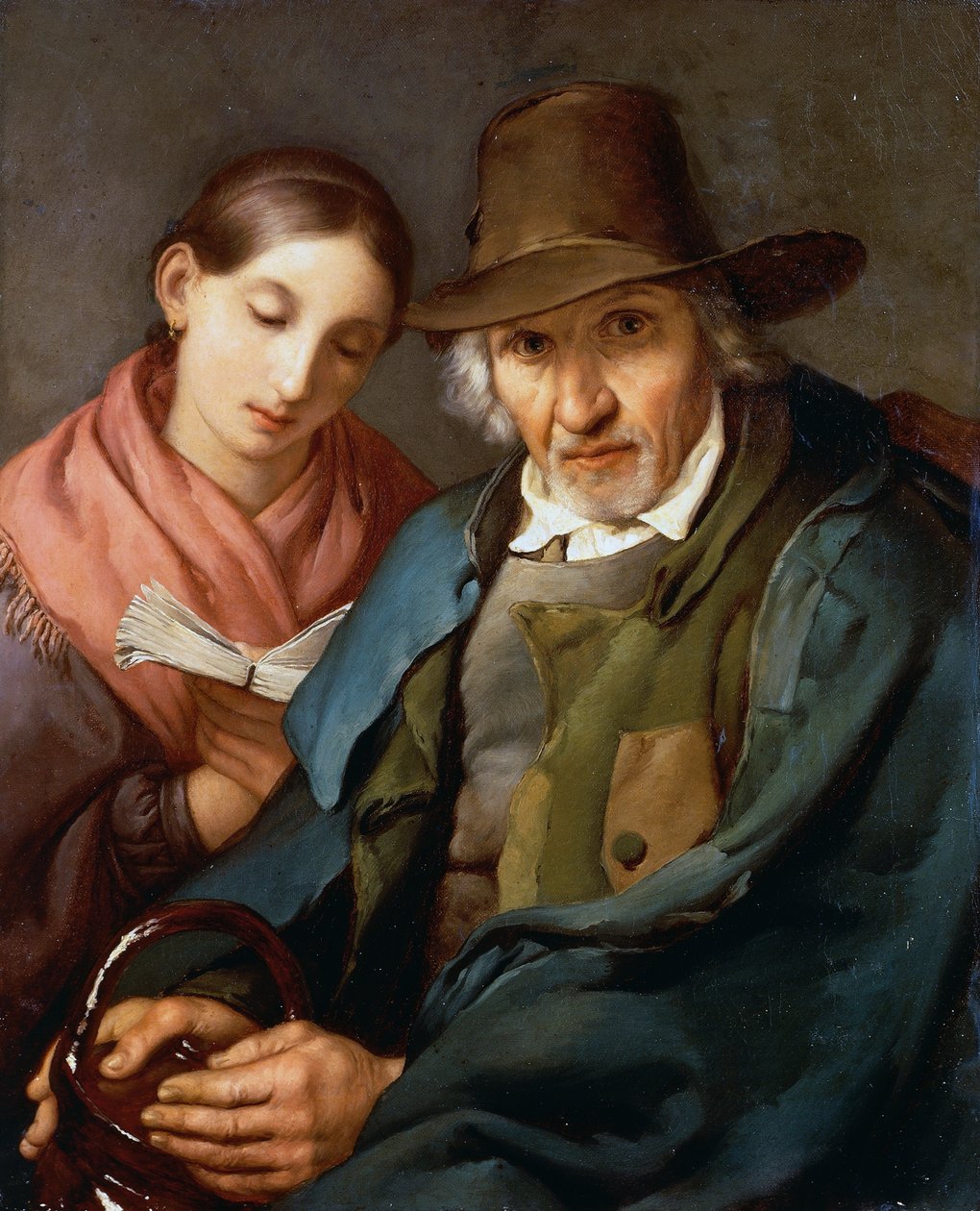Figura de homem idoso sentado com um jovem plebeu lendo um livro, de Giovanni Carnovali conhecido como Piccio (1804-1873), óleo sobre tela, 72x59 cm de Giovanni Carnovali