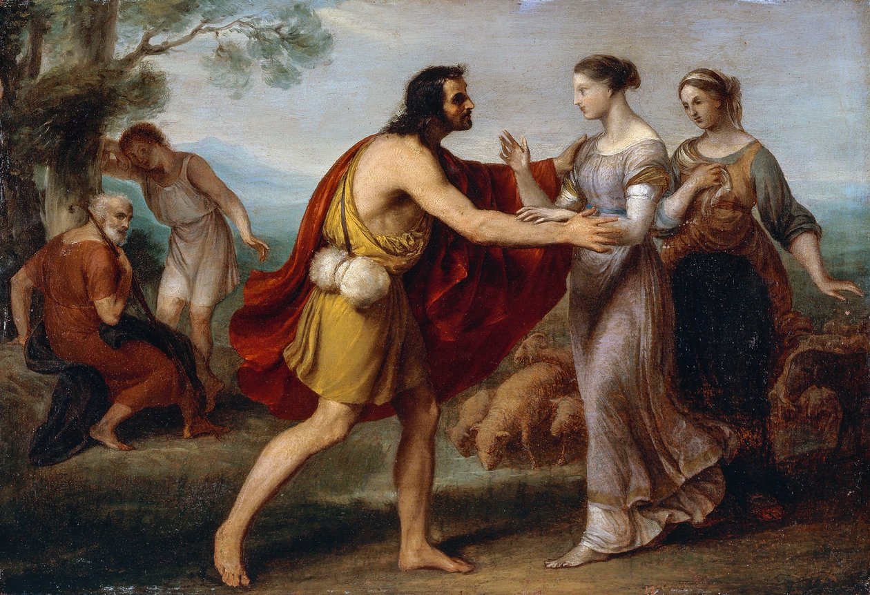 Encontro entre Jacob e Rachel, de Giovanni Carnovali conhecido como Piccio (1804-1873), óleo sobre cobre, 38x53 cm de Giovanni Carnovali