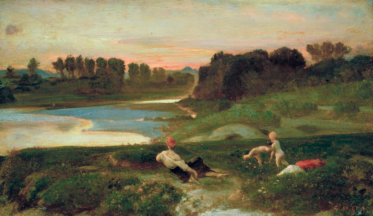 Tarde na Cascina, c.1859-69 (óleo sobre tábua) de Giovanni (1826 1903) Costa