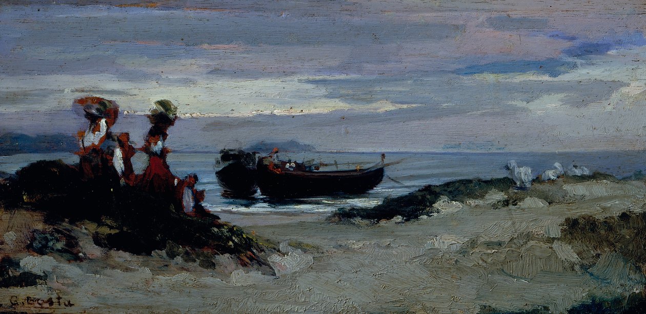 Mulheres a embarcar madeira na praia de Anzio, c.1852 (óleo sobre tábua) de Giovanni (1826 1903) Costa