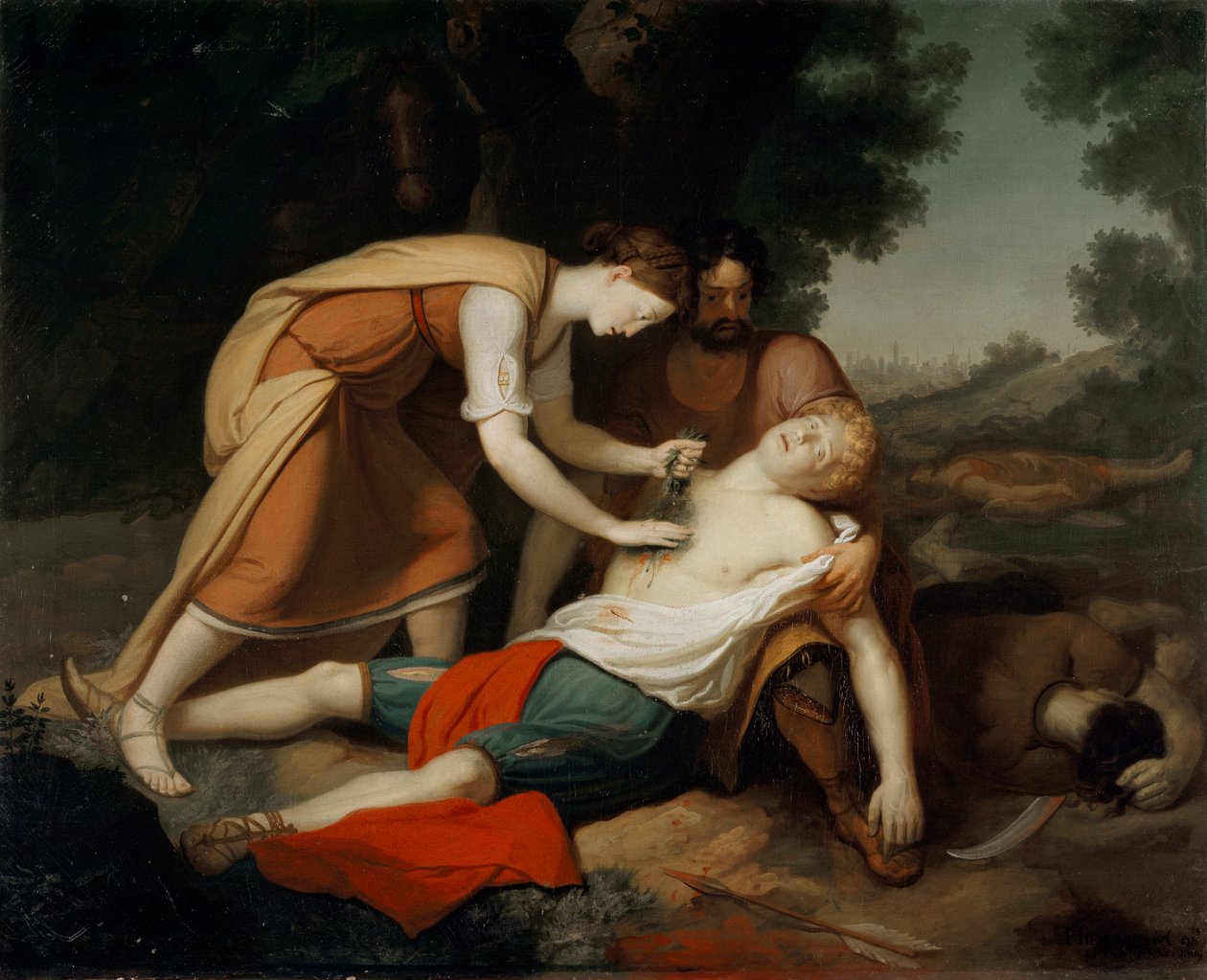 Erminia e Vafrino descobrem o Tancredo ferido (canção 19 de Jerusalém Entregue por Torquato Tasso) (Pintura de Giovanni Costa
