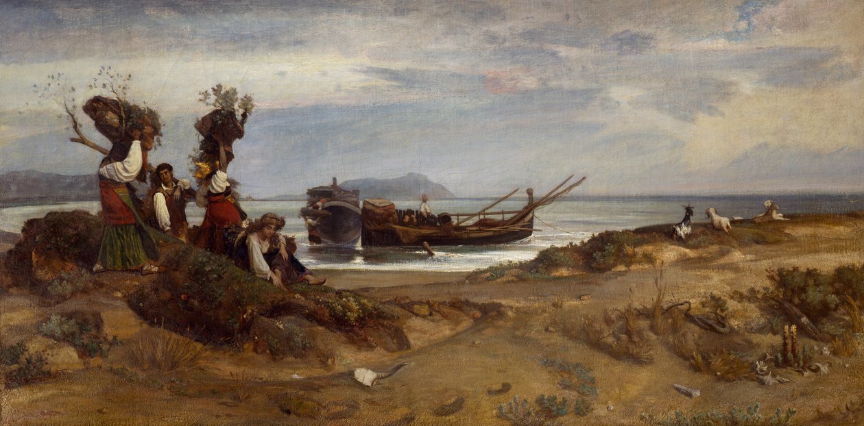 Mulheres carregando madeira no porto de Anzio de Giovanni Costa