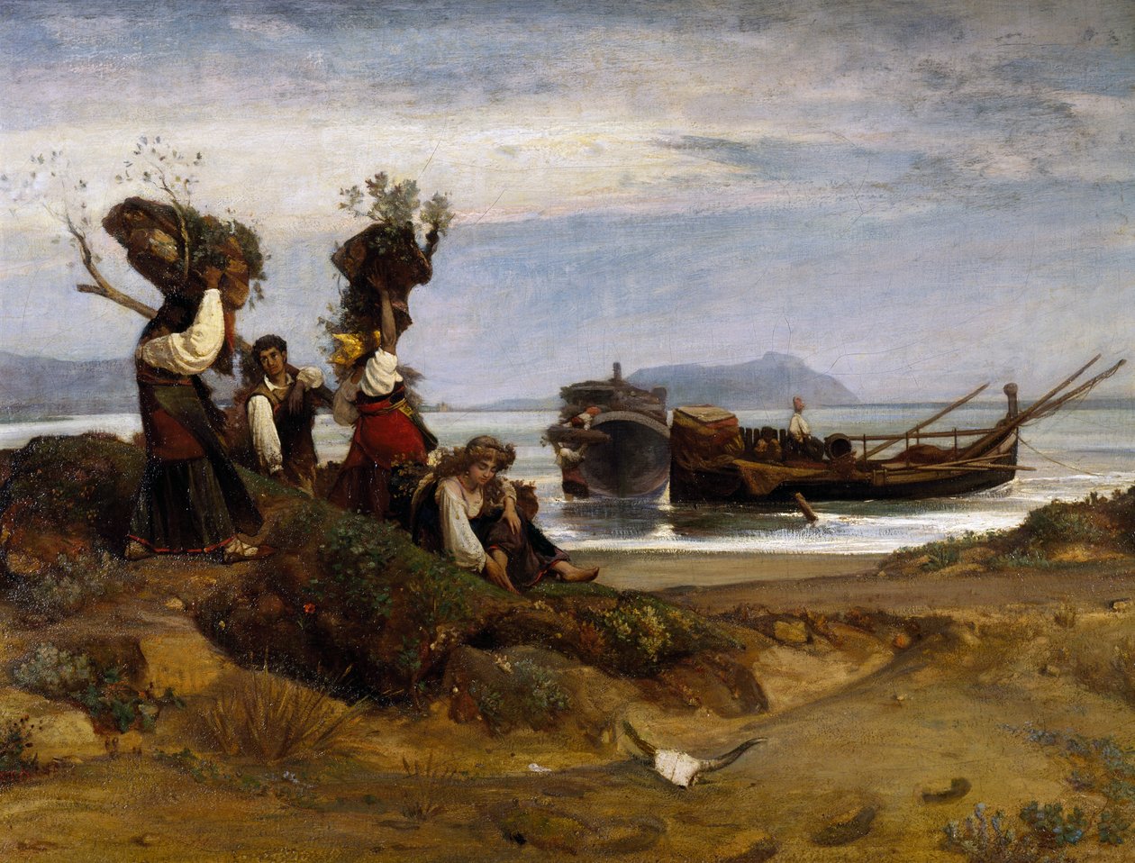 Mulheres carregando madeira no porto de Anzio de Giovanni Costa
