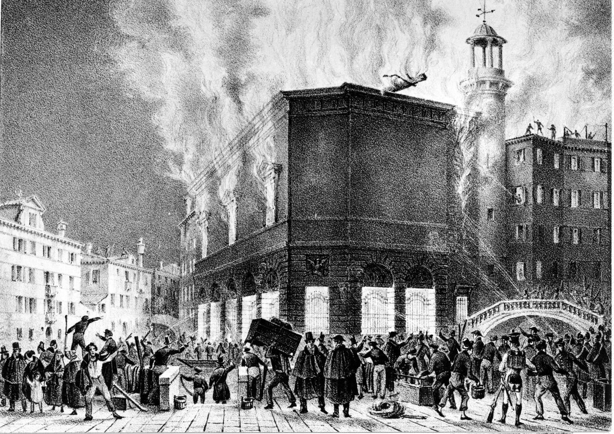 O incêndio do teatro de La Fenice, em Veneza, em 1836. Gravura de Giovanni Pividor. Milão, Conservatório G. Verdi. de Giovanni (after) Pividor