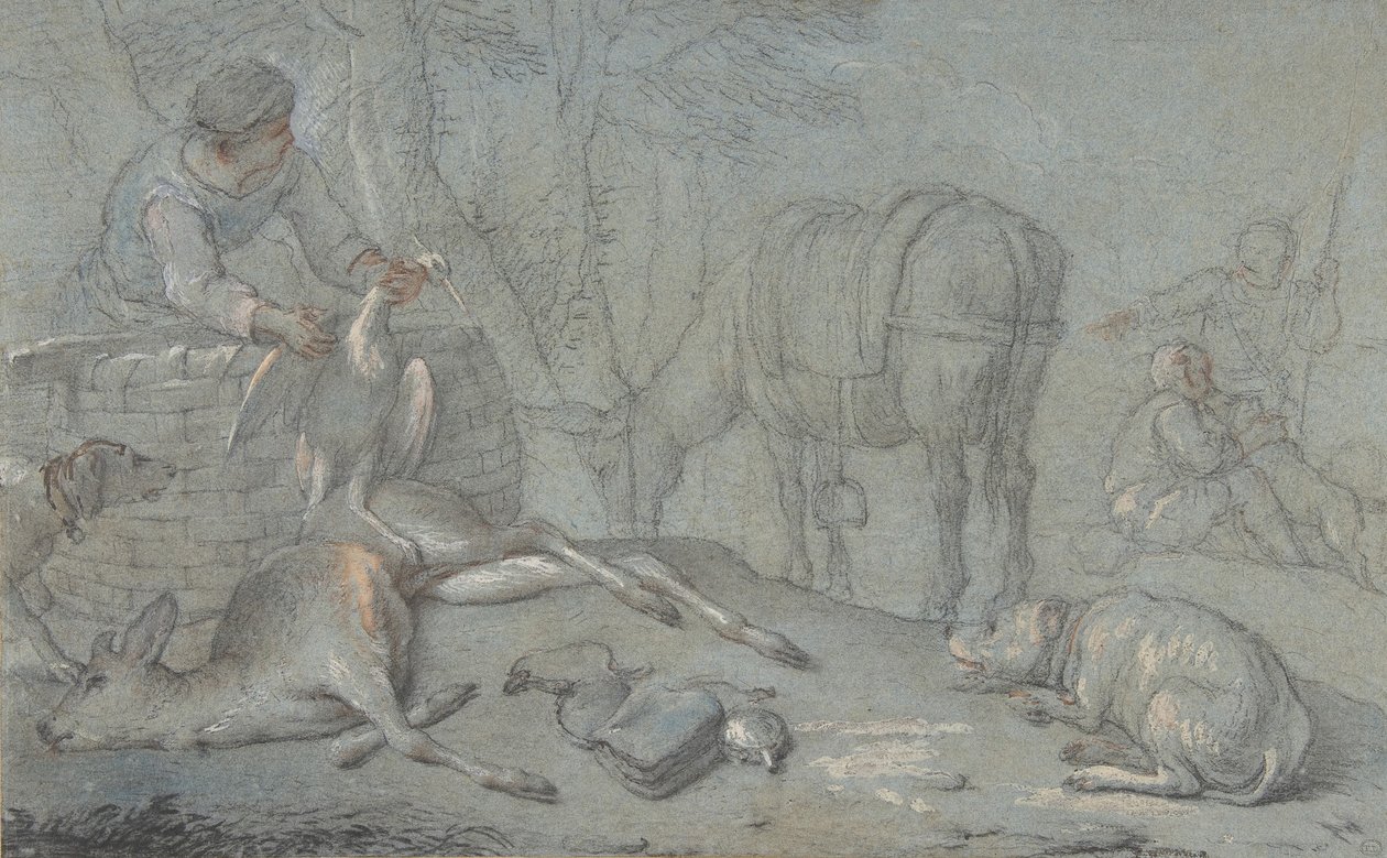 Caçadores com jogo morto em uma paisagem, 1600-1800. de Giovanni Agostino Cassana