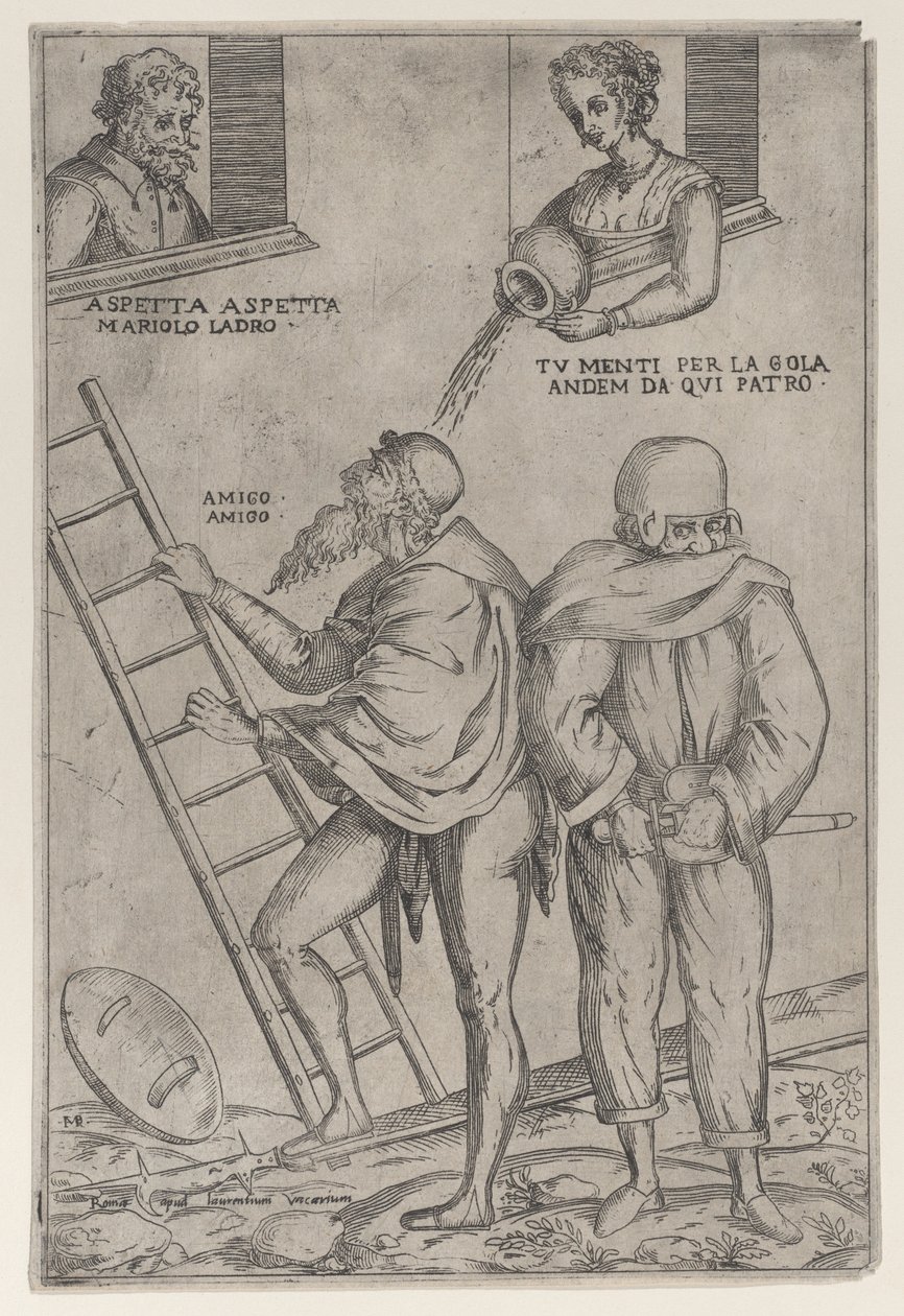 Um homem sobe uma escada enquanto uma mulher joga água nele de cima, 1575-99. de Giovanni Ambrogio Brambilla
