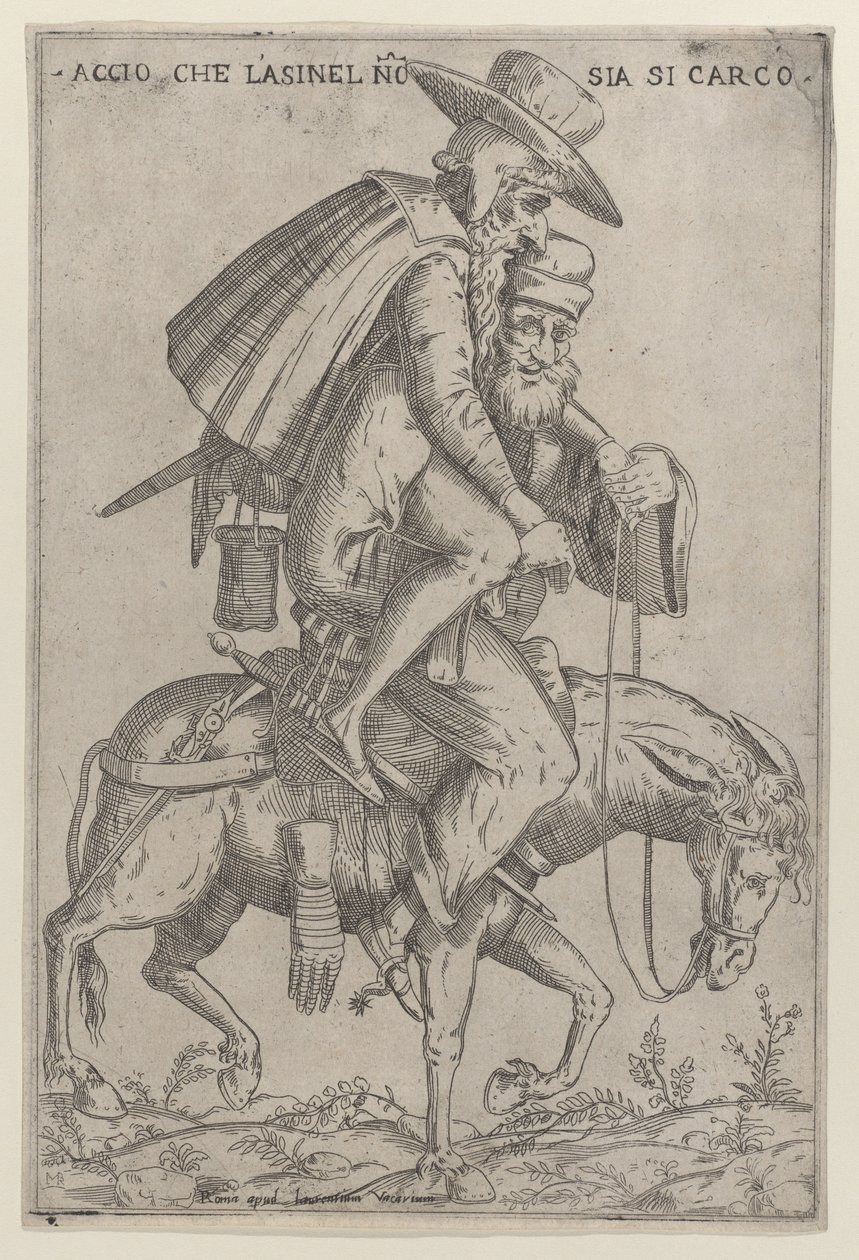Caricatura com dois homens em uma mula, 1575-99. de Giovanni Ambrogio Brambilla