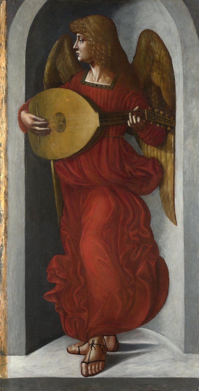Um anjo de vermelho com alaúde, c. 1490-1499 de Giovanni Ambrogio de Predis