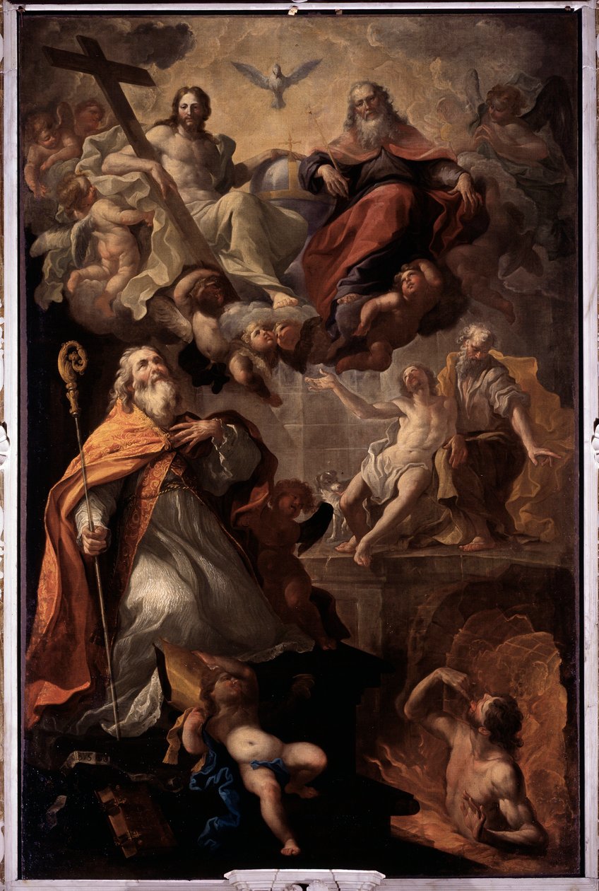 Representação de São Nicolau de Bari e da Santíssima Trindade Deus, Jesus Cristo e a pomba do Espírito Santo (São Nicolau de Bari e a Santíssima Trindade) Pintura de Andrea Carlone (1639-1697) Igreja de Santa Margherita, Santa Margherita Ligure Itália de Giovanni Andrea Carlone