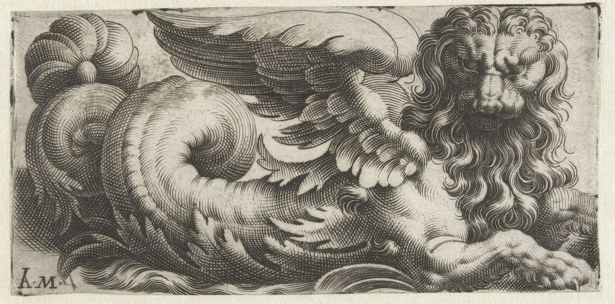 Leão marinho alado com crina ondulada e barba
Frísios com monstros marinhos (título da série) de Giovanni Andrea Maglioli
