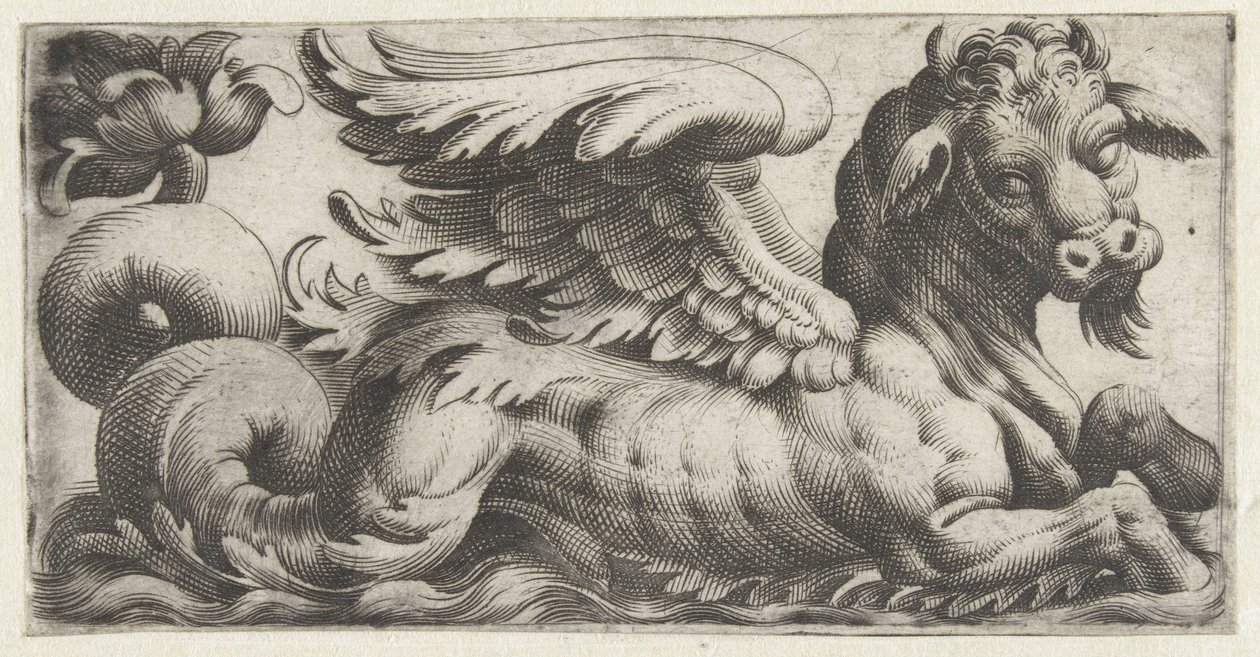 Touro marinho alado com cavanhaque Frísios com monstros marinhos (título da série) de Giovanni Andrea Maglioli