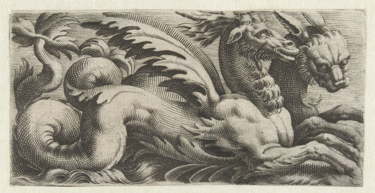 Duas criaturas marinhas lado a lado
Frísios com monstros marinhos (título da série) de Giovanni Andrea Maglioli