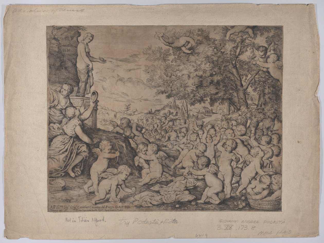 Putti diante de uma estátua de Vênus, depois de Ticiano, 1636. de Giovanni Andrea Podesta