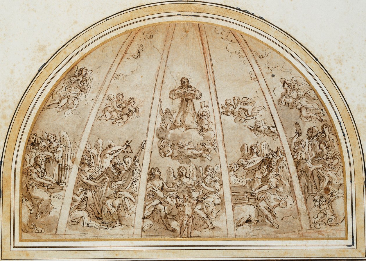 A apoteose de São Francisco cercada por anjos músicos: projeto para uma abside ou meia cúpula dividida por costelas, de Giovanni Andrea Sirani