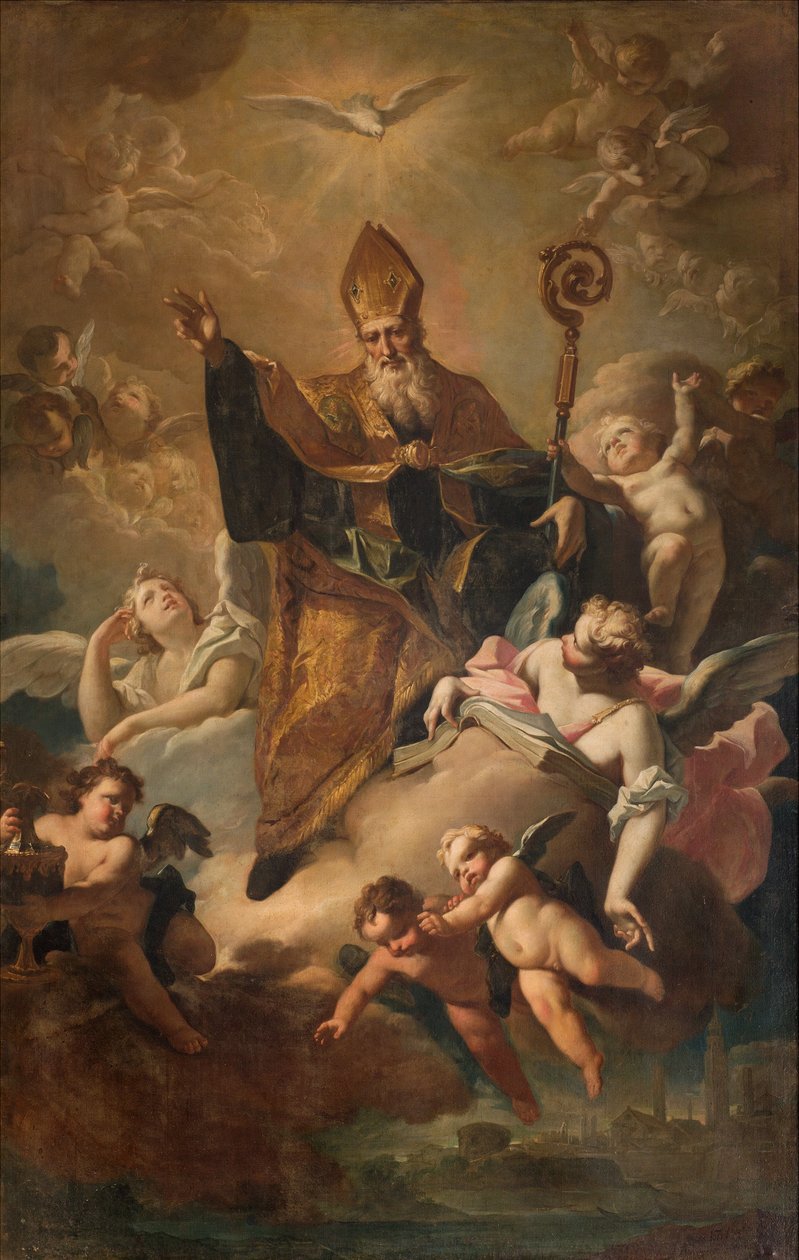 Transepto sul, Altar de San Benedetto, São Bento na Glória enquanto abençoa a cidade, Retábulo de Giovanni Angelo Borroni, São Bento na Glória enquanto abençoa a cidade 1744 de Giovanni Angelo Borroni