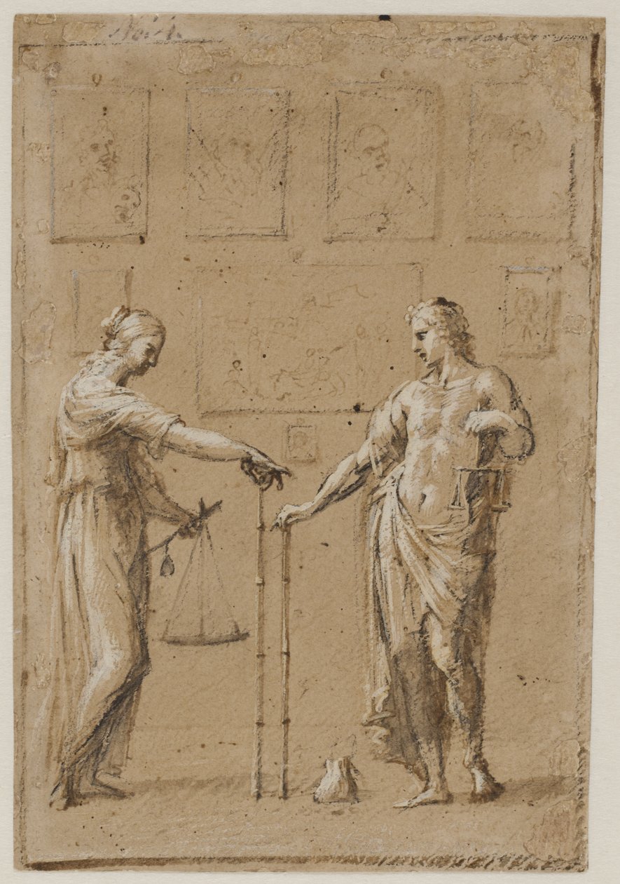 Um homem e uma mulher em trajes antigos, cada um com uma balança e uma régua, em frente a uma parede com pinturas. Uma bolsa no chão na frente do homem de Giovanni Angelo Canini