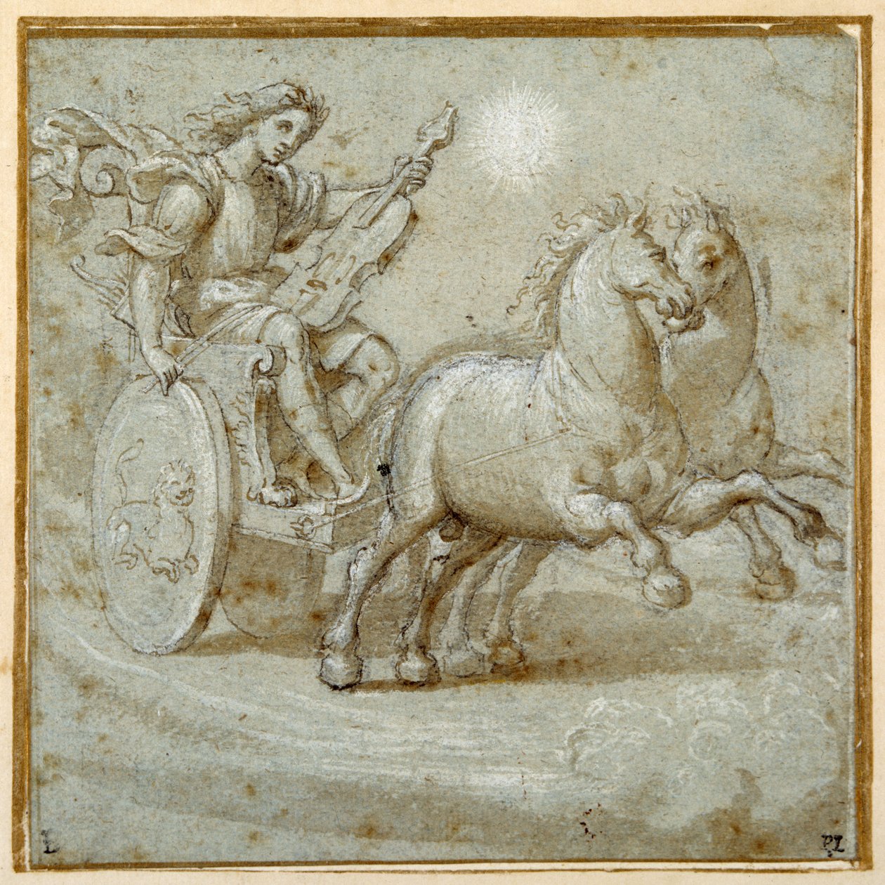 Apollo sentado na sua carruagem com a sua viola (giz preto, caneta e tinta castanha com lavagem castanha acentuada com a cor branca do corpo na carta azzurra) de Giovanni Antonio (circle of) Pordenone