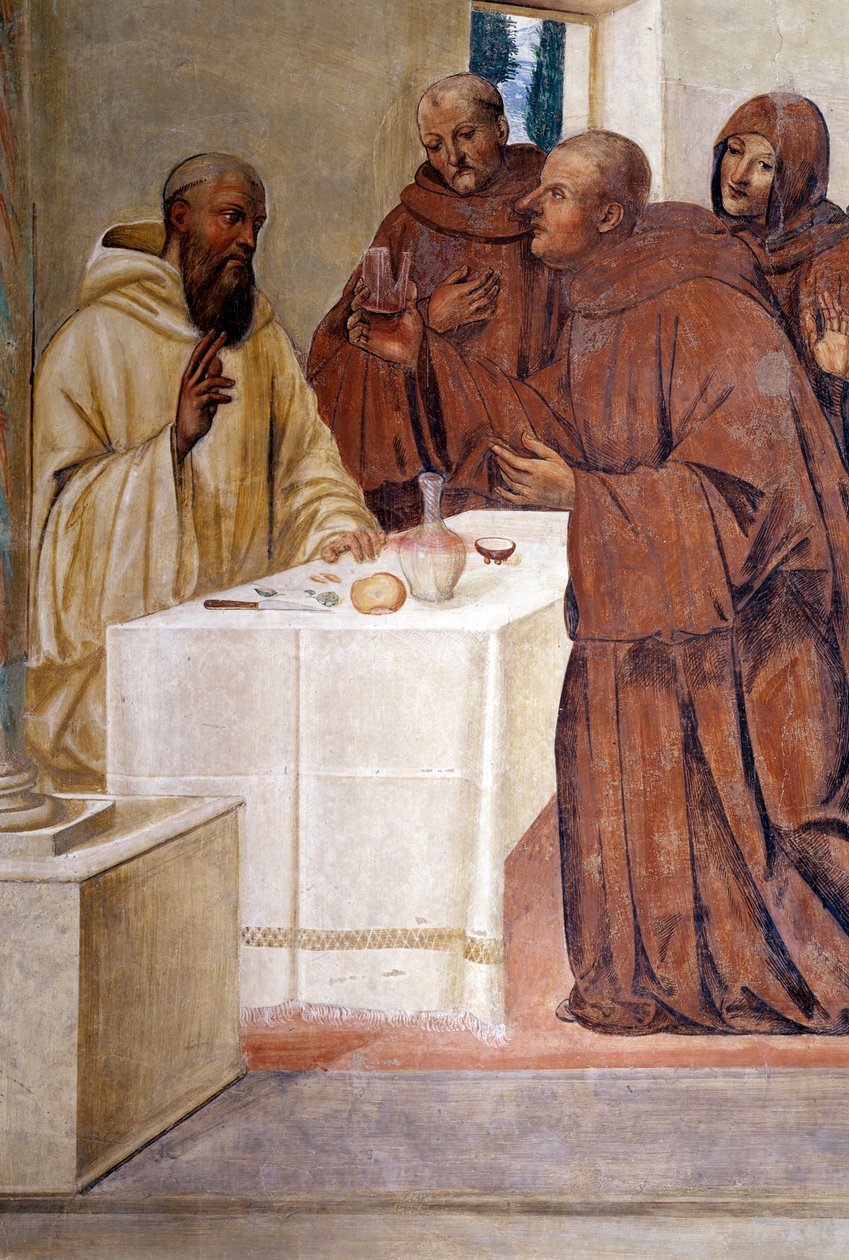 Benedito parte um copo de vinho envenenado fazendo o sinal da cruz Afresco detalhado do cloitro feito por Giovan Antonio Bazzi di Sodoma (1477-1549) recontando a vida de São Bento de Nursia (480 - 567) fundador da Ordem de Beneditino 1505-15 de Giovanni Antonio Bazzi Sodoma