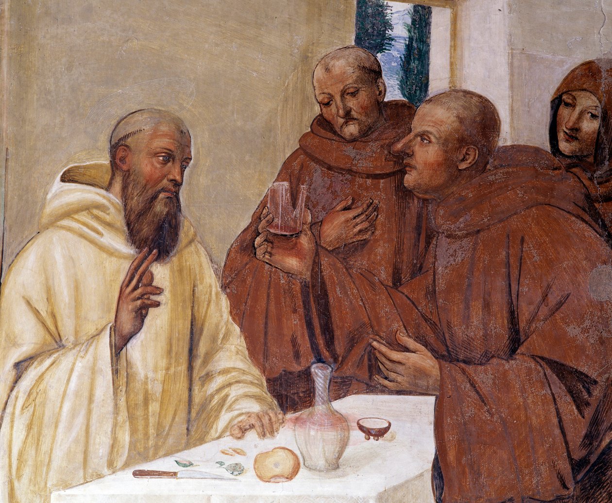 Benedito parte um copo de vinho envenenado fazendo o sinal da cruz Detalhe afresco do cloitro feito por Antonio Bazzi dit il Sodoma (1477 - 1549) recontando a vida de São Bento de Nursie (480 - 567) fundador da Ordem de Beneditino 1503 - 1508 de Giovanni Antonio Bazzi Sodoma