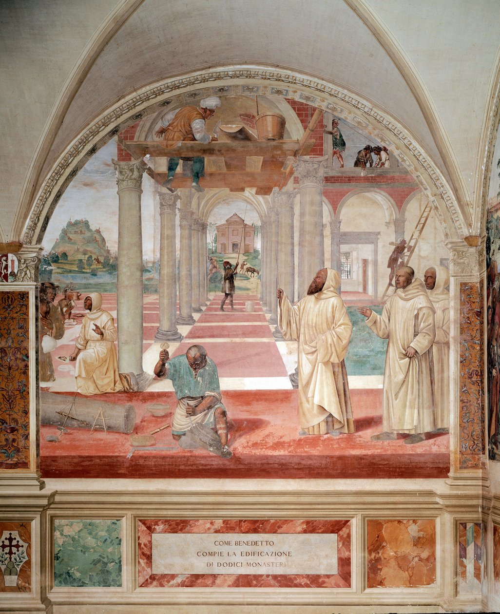 Bento construiu doze mosteiros frescos do claustro produzidos por Antonio Bazzi dit il Sodoma (1477 - 1549) relatando a vida de São Bento de Nursie (480 - 567) fundador da Ordem de Bento 1503 - 1508 Abadia de Monte Oliveto Maggiore, Flor de Giovanni Antonio Bazzi Sodoma
