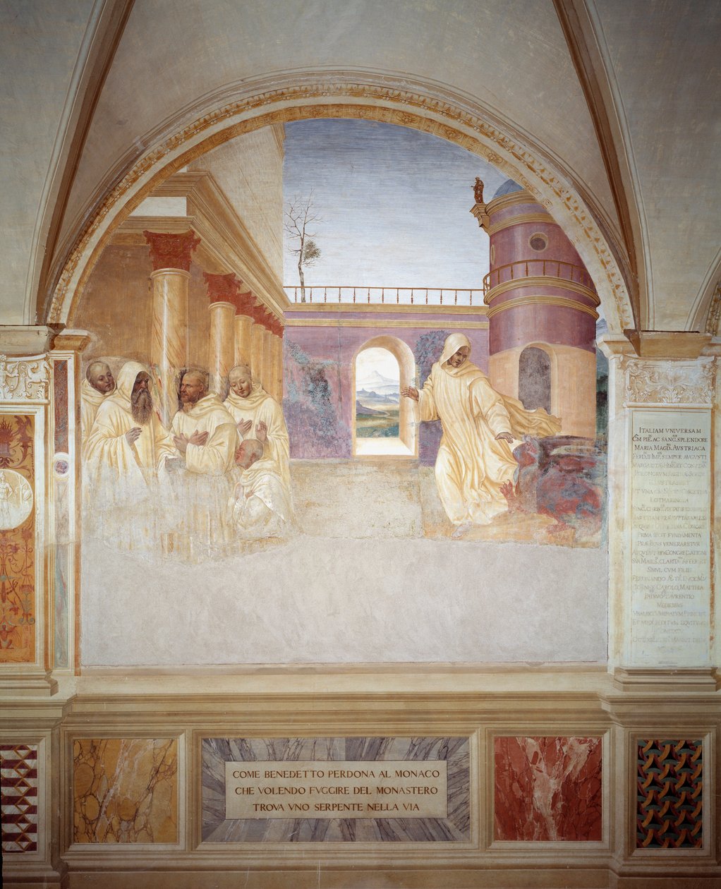 Benedito perdoa o monge que, tentando escapar do mosteiro, encontrou uma cobra em seu caminho (Benedito perdoa o monge que, tentando escapar do mosteiro, encontrou uma cobra em seu caminho) Fresco do claustro feito por Antonio Bazzi dit il Sodoma (1477 - 1 de Giovanni Antonio Bazzi Sodoma