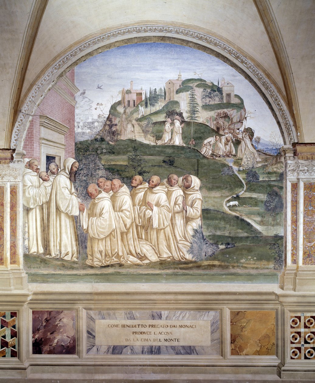 Bento acendeu uma fonte no topo da montanha Fresco do claustro feita por Antonio Bazzi dit il Sodoma (1477 - 1549) relatando a vida de São Bento de Nursie (480 - 567) fundador da Ordem de Bento 1503 - 1508 Abadia de Monte Oliveto de Giovanni Antonio Bazzi Sodoma