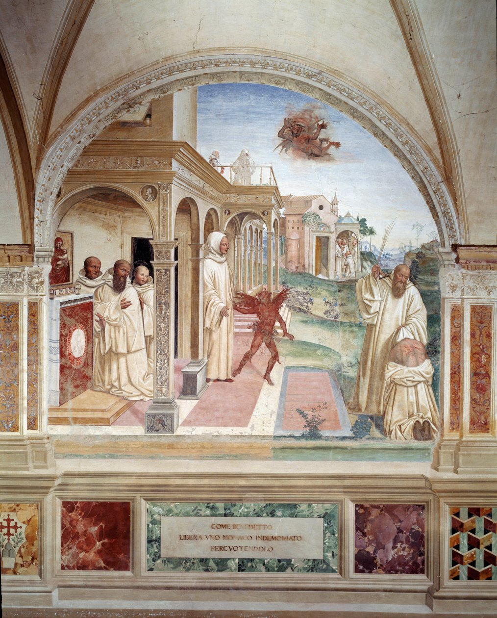 Benoit liberta um monge possuído por um demônio (São Bento liberta um homem possuído pelo demônio) afresco do cloitro feito por Antonio Bazzi dit il Sodoma (1477 - 1549) relatando a vida de São Bento de Nursie (480 - 567) fundador da Ordem de Benedito de Giovanni Antonio Bazzi Sodoma
