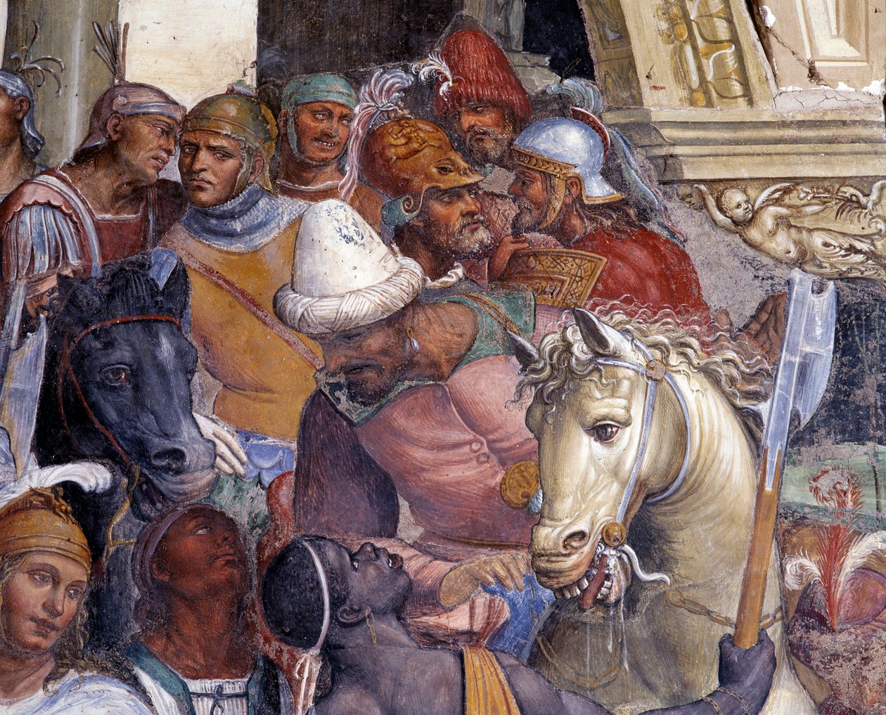 Comentário Bento conhece os dois jovens Romanos Maur e Plácido (São Bento conhece o jovem romance Maurus e Plácido) Detalhe afresco do claustro feito por Antonio Bazzi dit il Sodoma (1477 - 1549) relatando a vida de São Bento de Nursie (480 - 567) fo de Giovanni Antonio Bazzi Sodoma