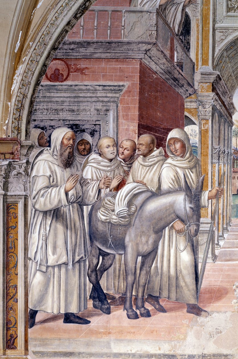 Florent envia prostitutas ao mosteiro (Florenzo envia cortesãs ao mosteiro de São Bento) Detalhe afresco do cloitro realizado por Antonio Bazzi dit il Sodoma (1477 - 1549) relatando a vida de São Bento (480 - 567) fundador da Ordem de Giovanni Antonio Bazzi Sodoma