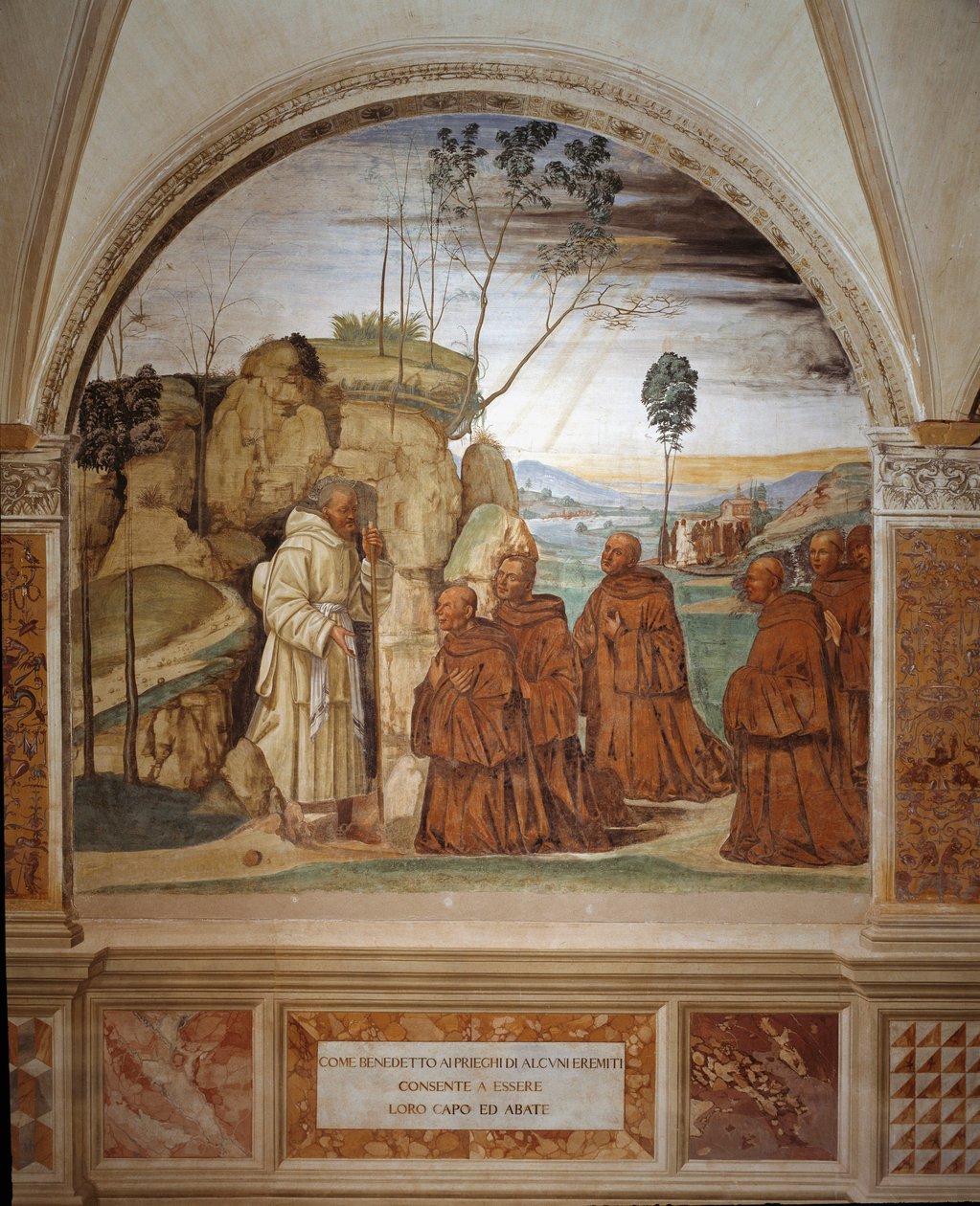 Como Bento responde à oração dos eremitas e aceita ser seu líder Fresco do cloitro realizado por Antonio Bazzi dit il Sodoma (1477 - 1549) relatando a vida de São Bento de Nursie (480 - 567) fundador da Ordem de Bento 1503 de Giovanni Antonio Bazzi Sodoma