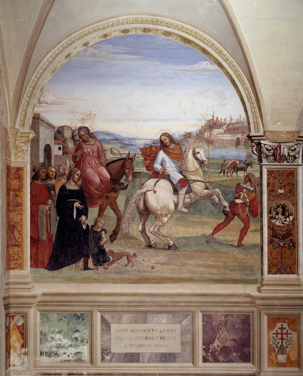 "Como Bento deixou a casa de seu pai e foi a Roma para estudar" (Bento deixou a casa de seu pai e foi a Roma para estudar) Afresco de claustro feito por Antonio Bazzi dit il Sodoma (1477-1549) relatando a vida de São Bento de Nursia (480 - 567) fundado de Giovanni Antonio Bazzi Sodoma
