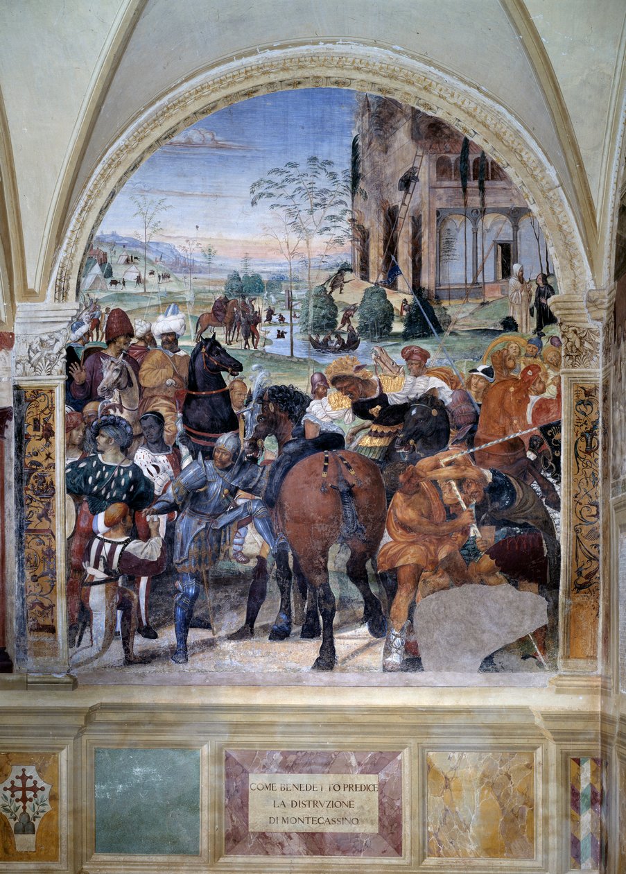 Como Benedito prevê a destruição do Monte Cassino Detalhe - afresco do claustro feito por Antonio Bazzi dit il Sodoma (1477 - 1549) relatando a vida de São Bento de Nursie (480 - 567) fou de Giovanni Antonio Bazzi Sodoma