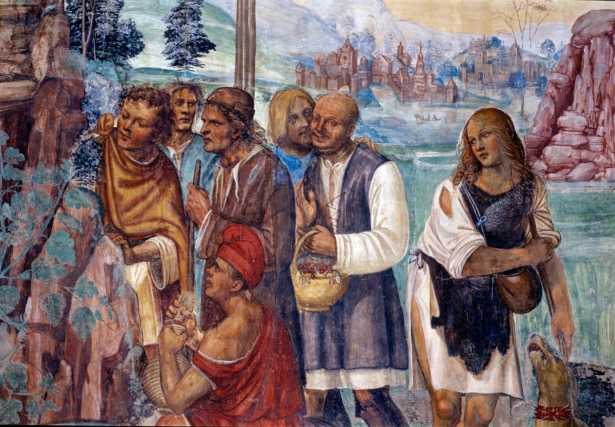 Como Bento ensina a santa doutrina aos camponeses que o visitam Afresco detalhado do claustro realizado por Antonio Bazzi dit il Sodoma (1477 - 1549) relatando a vida de São Bento de Nursia (480 - 567) fundador da Ordem de Bento 1503 - de Giovanni Antonio Bazzi Sodoma