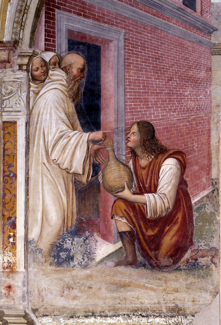 Como Bento transforma em cobra uma garrafa de vinho que um criado lhe escondeu Detalhe - fresco do cloitro feito por Antonio Bazzi dit il Sodoma (1477 - 1549) relatando a vida de São Bento de Nursie (480 - 567) fundador da Ordem dos Beneditinos 1503 - 1 de Giovanni Antonio Bazzi Sodoma