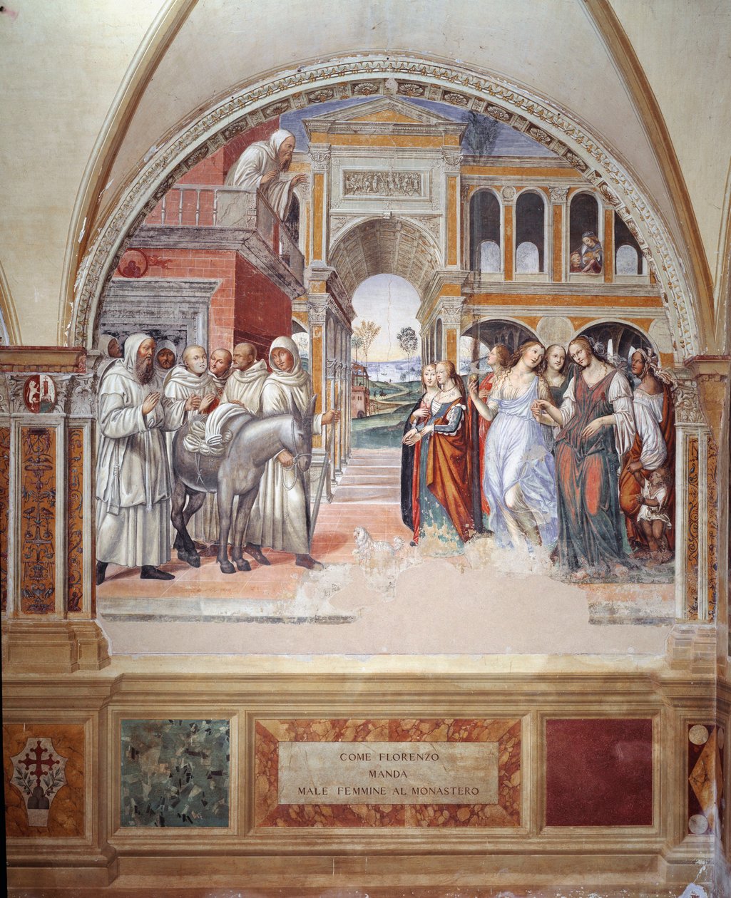 Como Fiorenzo envia prostitutas ao mosteiro (Como Fiorenzo envia prostitutas ao mosteiro) - afresco do claustro feito por Antonio Bazzi dit il Sodoma (1477 - 1549) relatando a vida de São Bento de Nursia (480 - 567) fundador da Ordem de de Giovanni Antonio Bazzi Sodoma