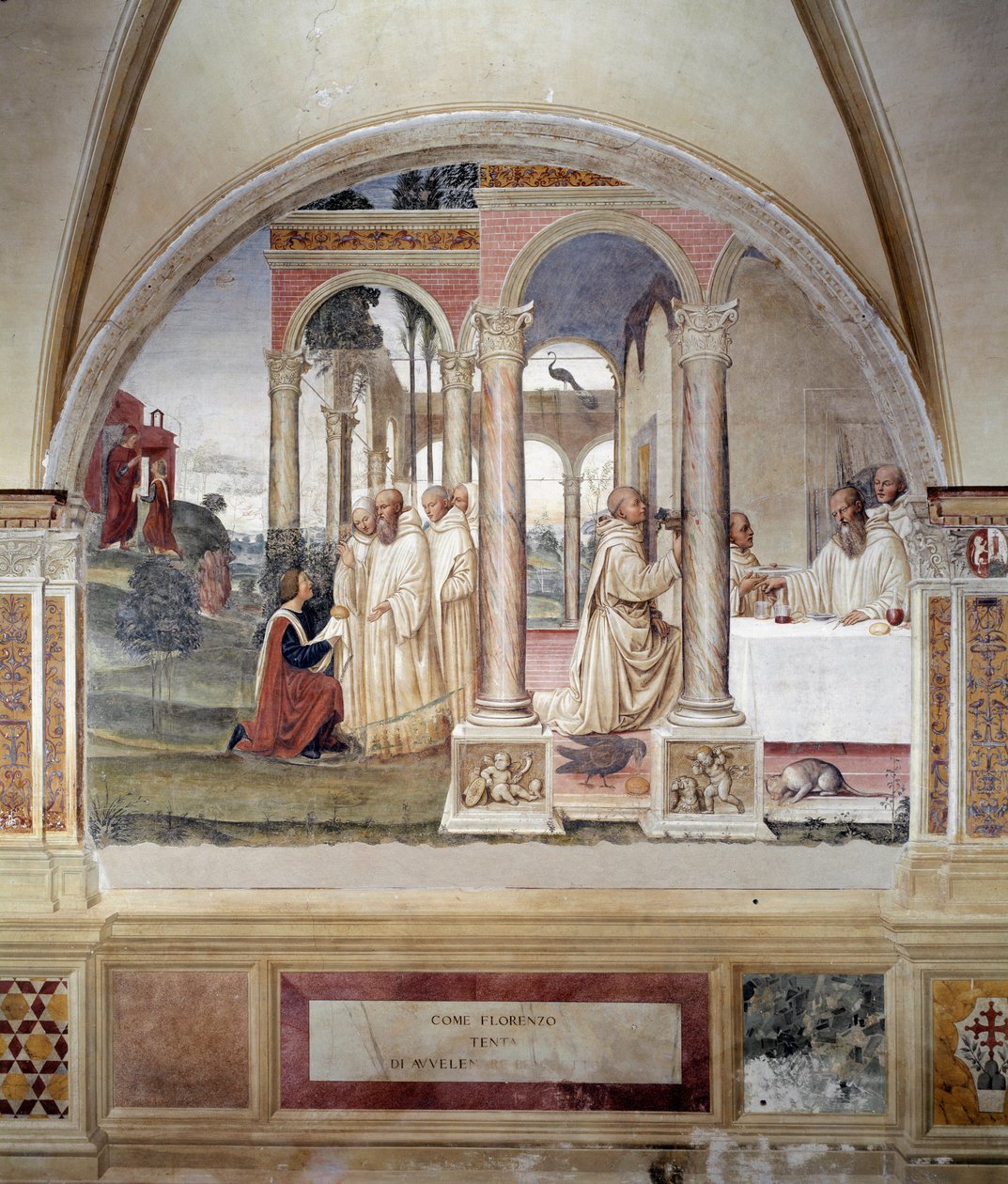 Como Florent tenta envenenar Benoit (Como Fiorenzo tenta envenenar São Bento) - Afresco de parede feito por Antonio Bazzi dit il Sodoma (1477 - 1549) relatando a vida de São Bento (480 - 567) fundador da Ordem Beneditina 1503 - 1508 Abadia de Monte Oliv de Giovanni Antonio Bazzi Sodoma