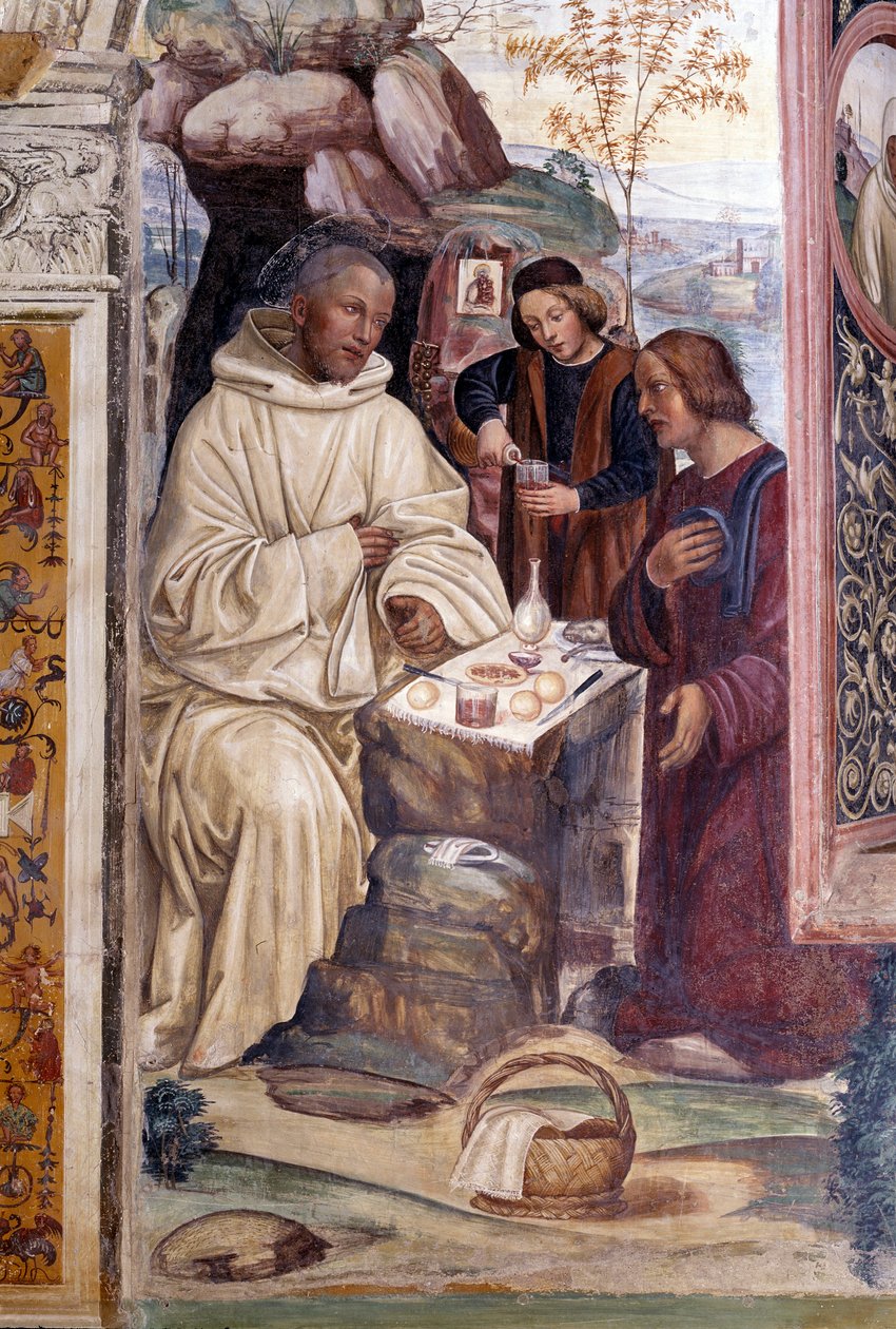 Como um padre trouxe comida a Bento na Páscoa (um padre trouxe comida a Bento na Páscoa) Detalhe - Afresco de claustro feito por Antonio Bazzi dit il Sodoma (1477 - 1549) relatando a vida de São Bento de Nursia (480 - 567) fundador da Ordem de Ben de Giovanni Antonio Bazzi Sodoma