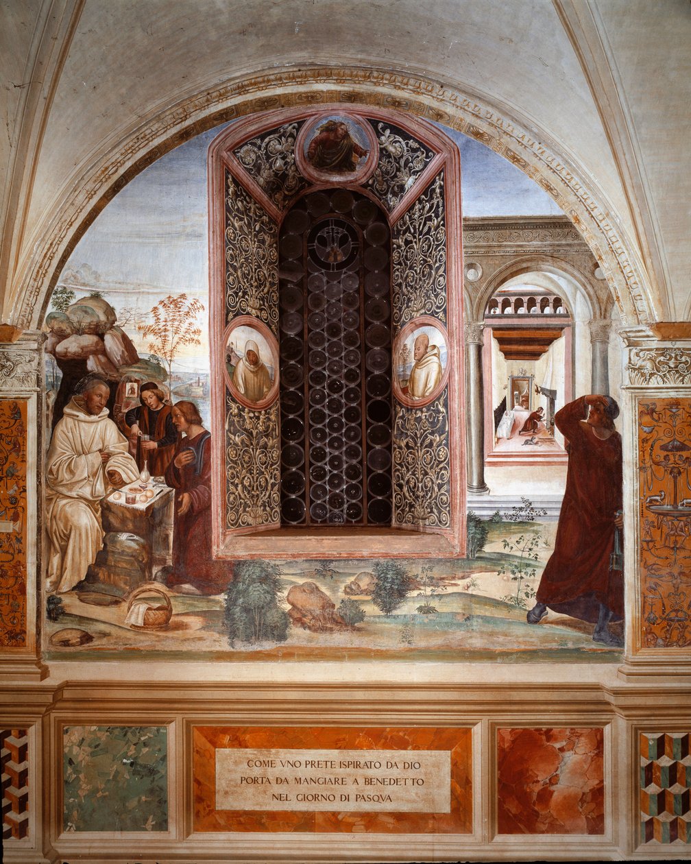 Como um padre trouxe comida a Bento na Páscoa - Fresco do claustro feito por Antonio Bazzi dit il Sodoma (1477 - 1549) relatando a vida de São Bento de Nursia (480 - 567) fundador da Ordem de Bento 1503 - 1508 Abadia de Monte Oliveto Ma de Giovanni Antonio Bazzi Sodoma