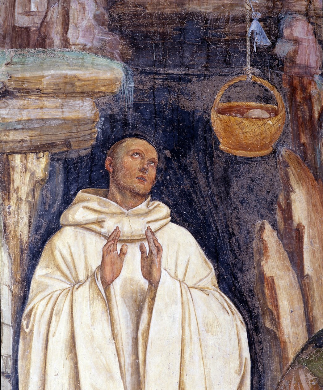 Como o demônio quebrou o sino da cesta de Benoit (O demônio quebrou o sino de São Bento de Nursia) - Detalhe - Afresco de parede feito por Antonio Bazzi dit il Sodoma (1477-1549) contando a vida de São Bento de Nursia (480 - 567) fundador do O de Giovanni Antonio Bazzi Sodoma