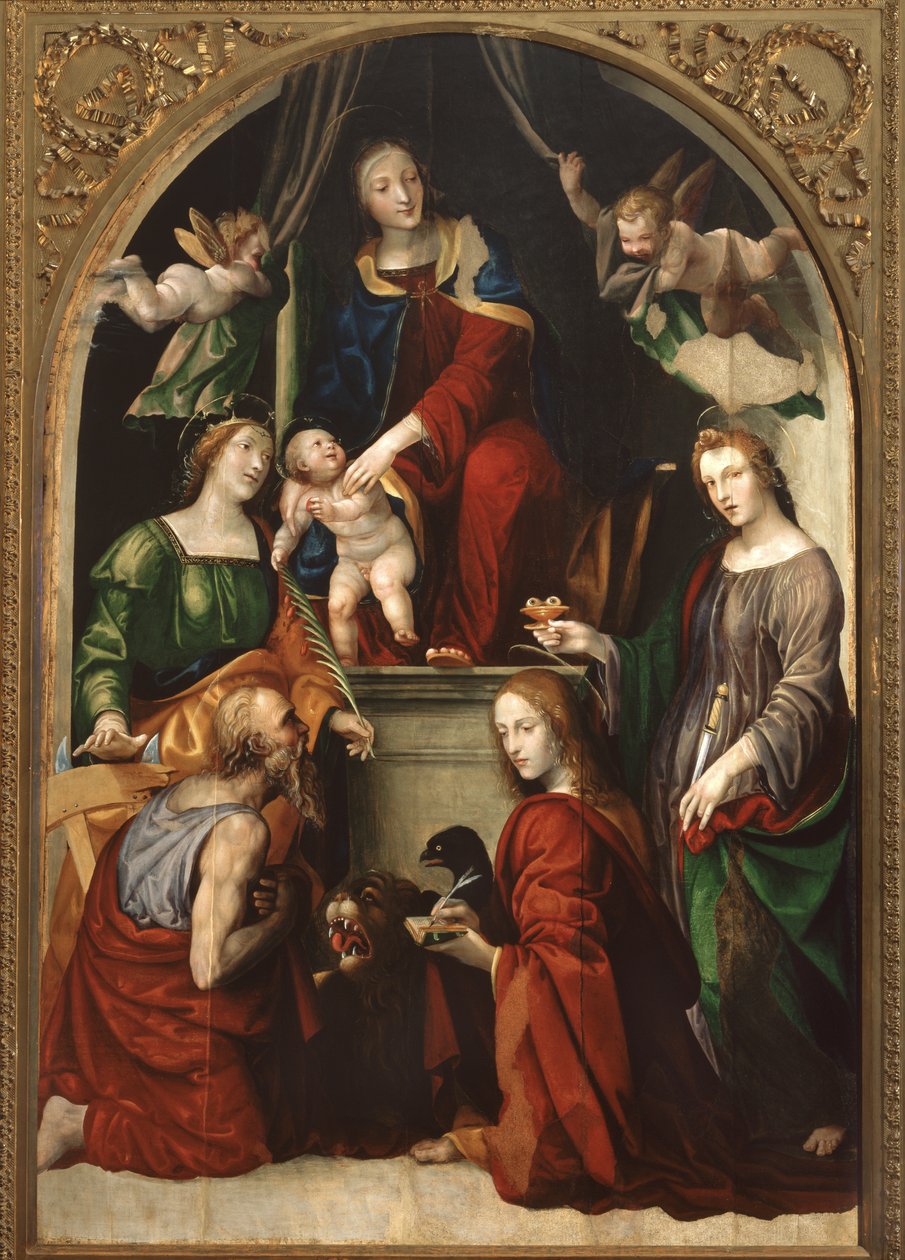 Madonna, Criança e Anjos entre os Santos Jerônimo, Catarina de Alexandria, Lúcia e João Evangelista, c.1513 de Giovanni Antonio Bazzi Sodoma