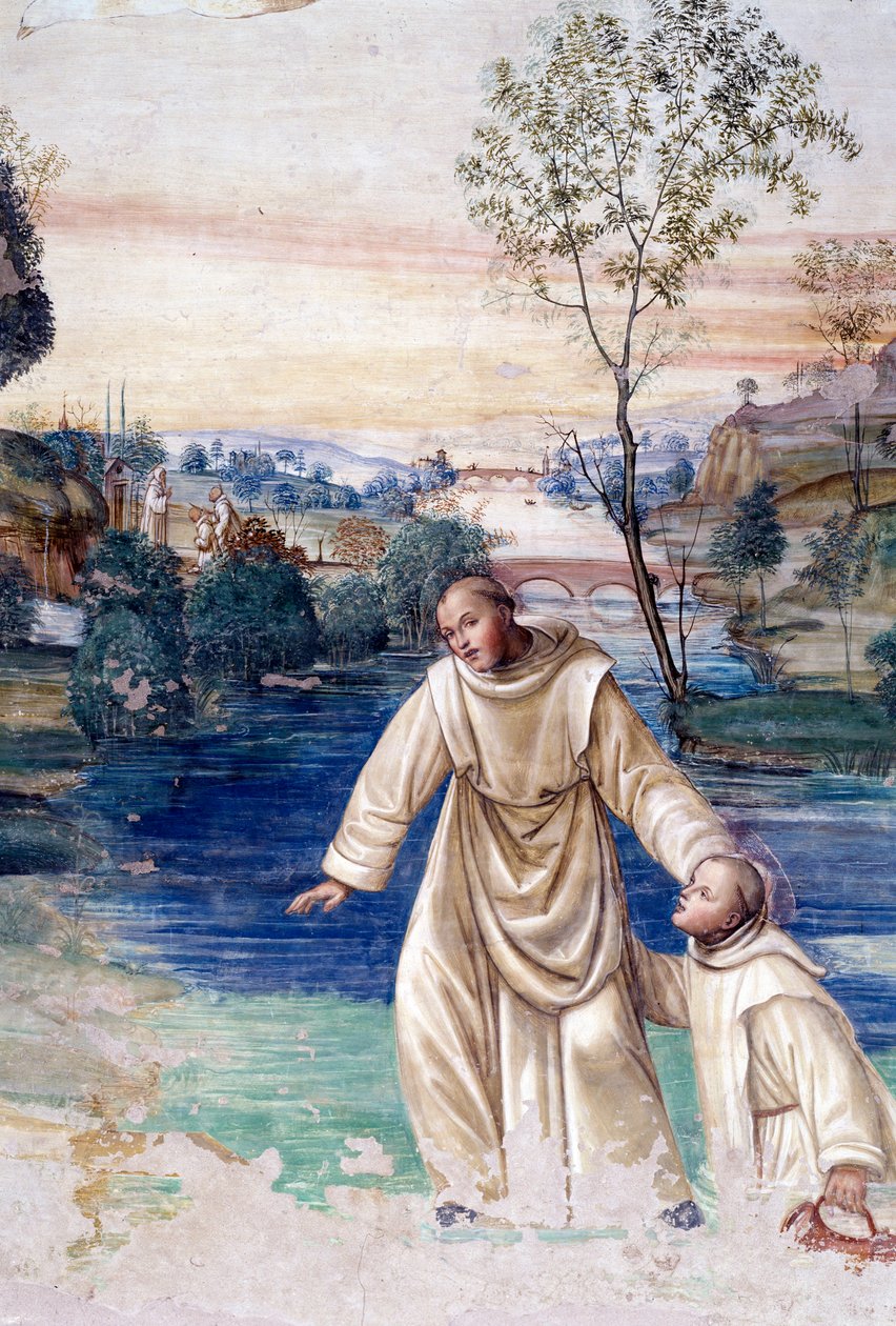 Maur caminha sobre as águas para resgatar o fresco do claustro de Santo Plácido por Antonio Bazzi dit il Sodoma (1477 - 1549) contando a vida de São Bento de Nursie (480 - 567) fundador da Ordem Beneditina 1503 - 1508 Abadia de Monte Oliveto Maggiore, Flor de Giovanni Antonio Bazzi Sodoma