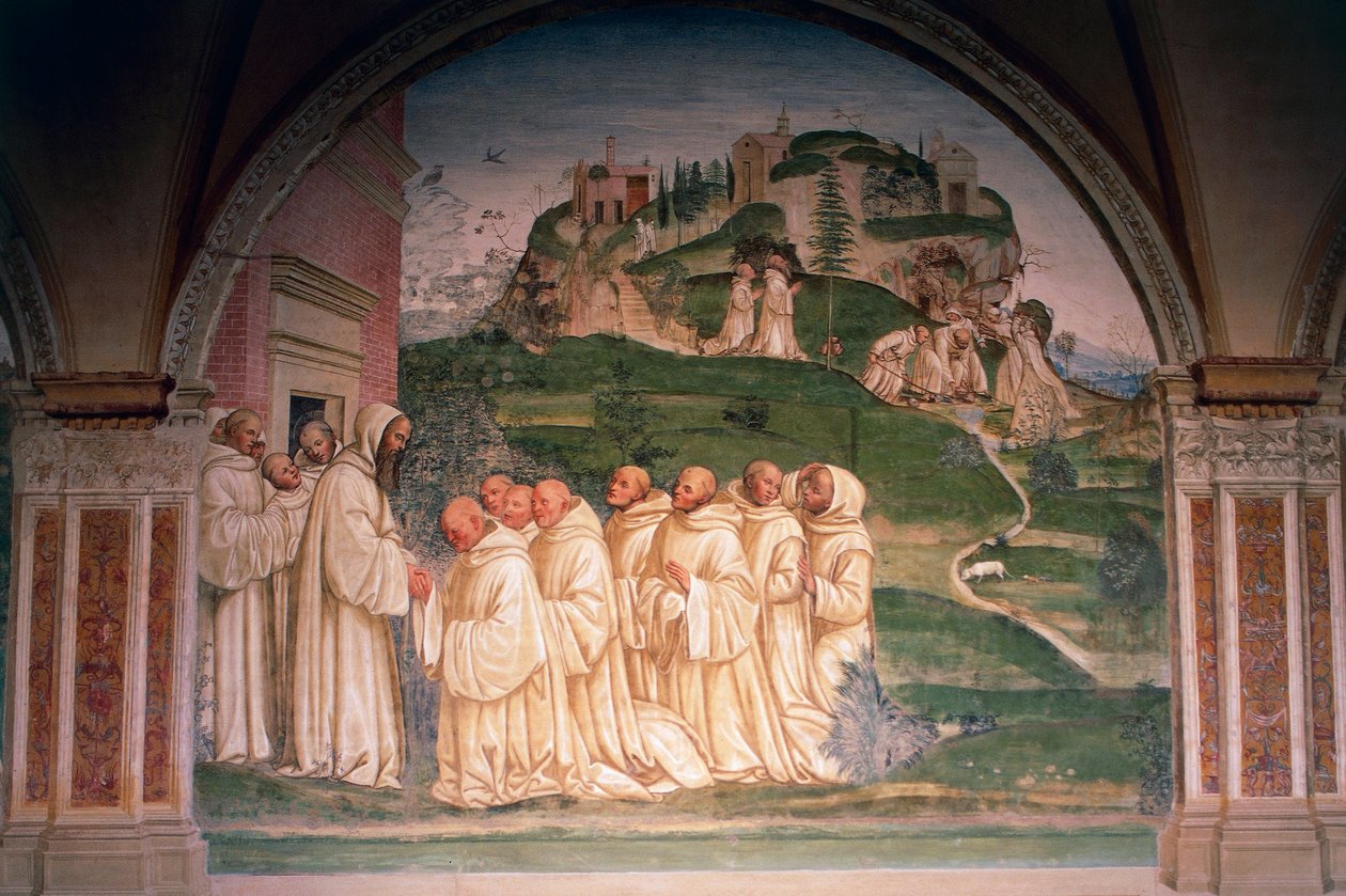 São Bento, implorado por monges, produzindo água do alto da montanha, cena de Histórias de São Bento de Monte Oliveto Maggiore de Giovanni Antonio Bazzi Sodoma