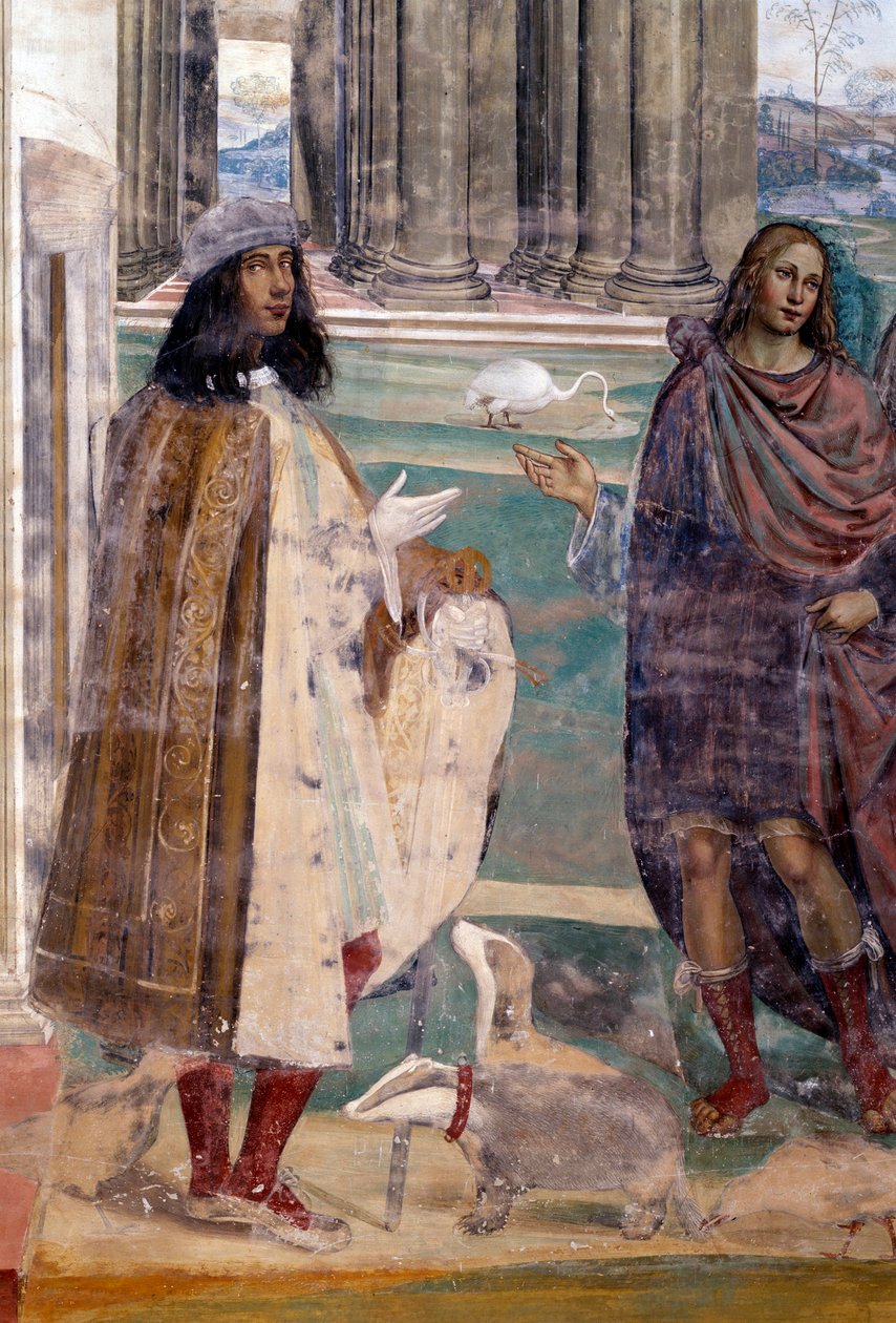 São Bento fixa uma peneira quebrada Auto-retrato do artista - Detalhe Fresco do cloitro realizado por Antonio Bazzi dit il Sodoma (1477 - 1549) relatando a vida de São Bento de Nursie (480 - 567) fundador da Ordem de Bento 1503 - 1508 de Giovanni Antonio Bazzi Sodoma